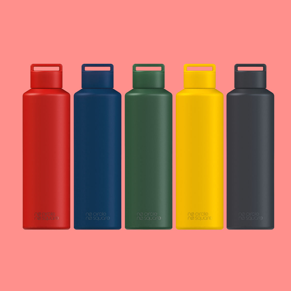 Five no circle no square bottles in signal, noon, grove, ink and almost colours